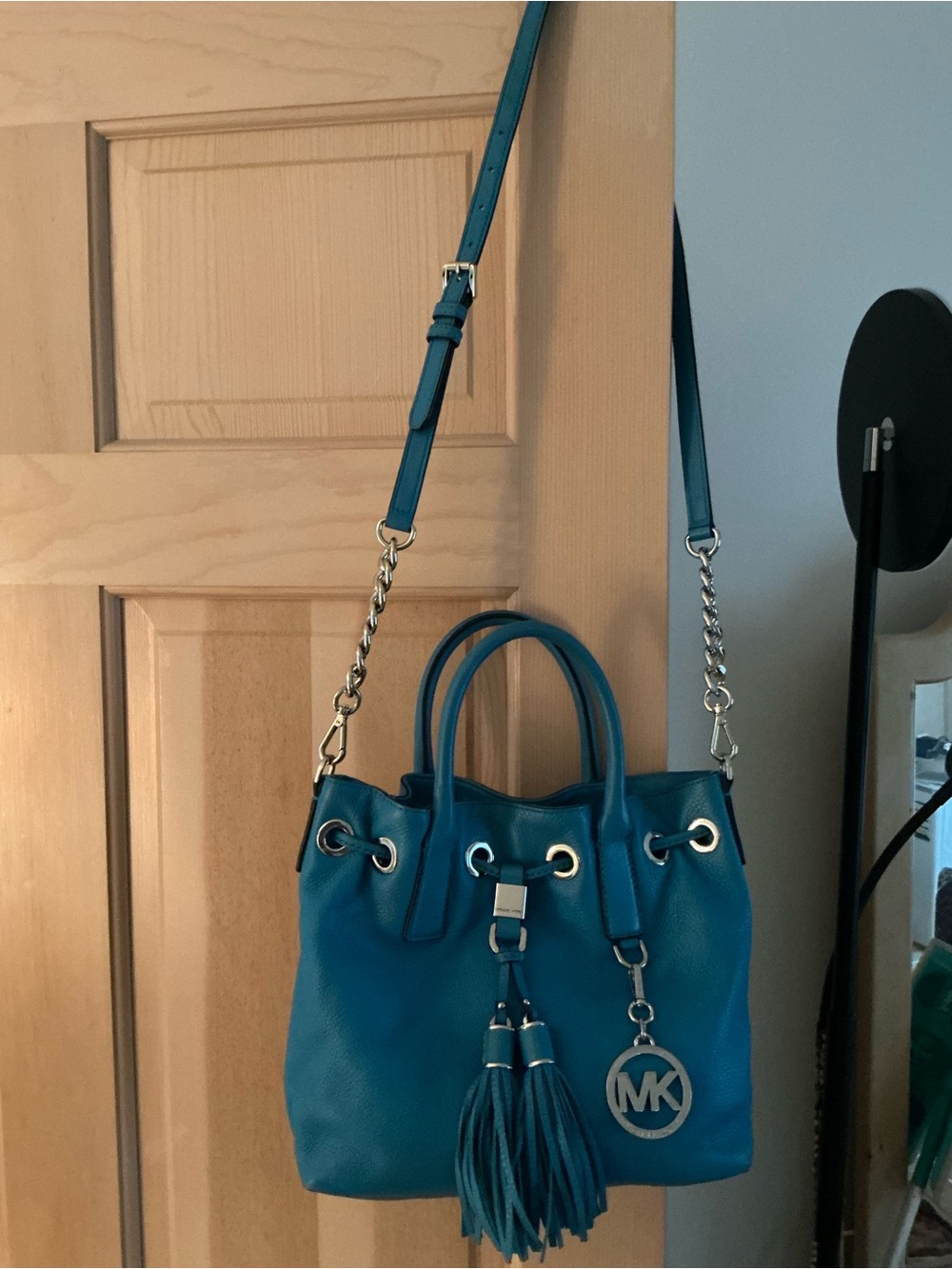Michael Kors Teal Leather Drawstring Shoulder Bag